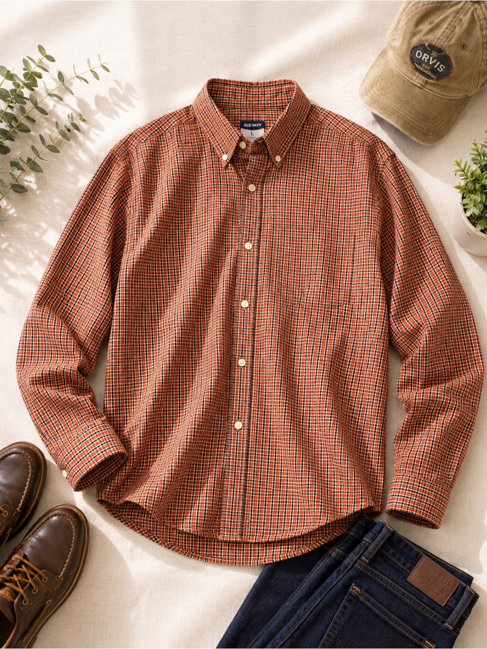 Old Navy Men's Orange and Blue Small-Check Button-Down Shirt